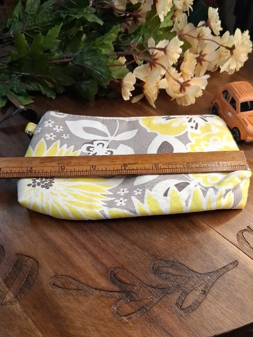 thirty-one Gray Floral Canvas Pouch with Yellow Accent